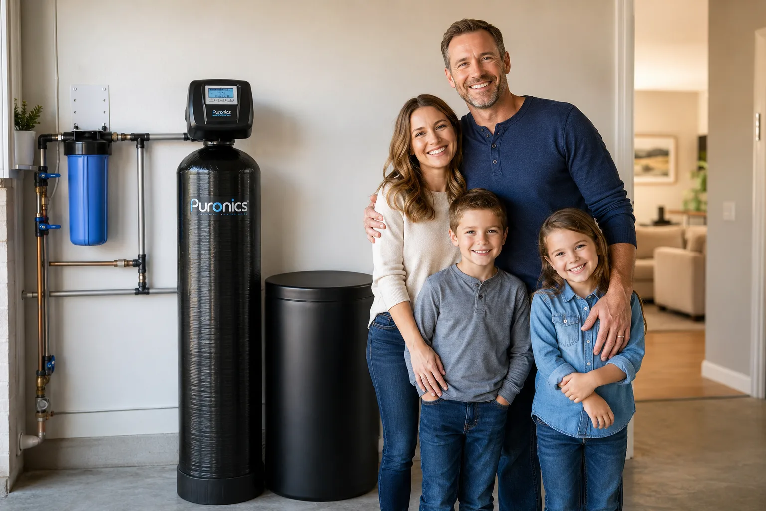 North Texas family standing with their Puronics home water filtration system