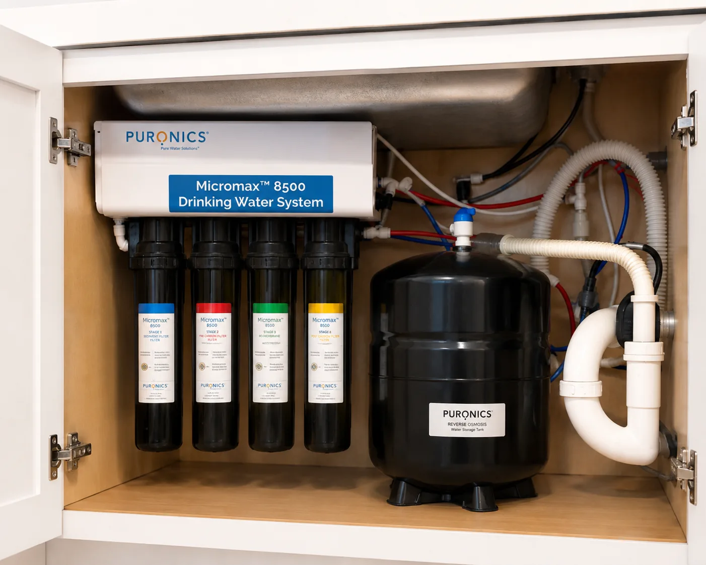Puronics Micromax 8500 five-stage reverse osmosis system installed under a kitchen sink