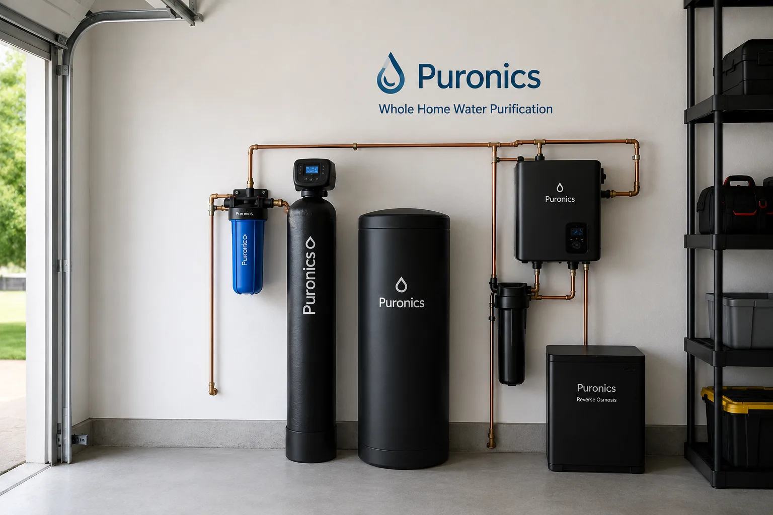 Puronics whole-home water filtration system professionally installed in a garage, showing media tank, salt tank, and RO unit